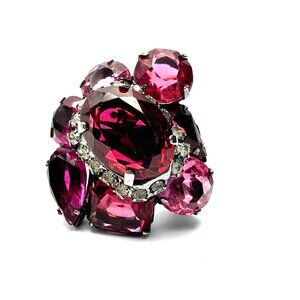 Vintage 1980s Robert Sorrell Cocktail Cluster Ring—Massive Red Pink Rhinestones